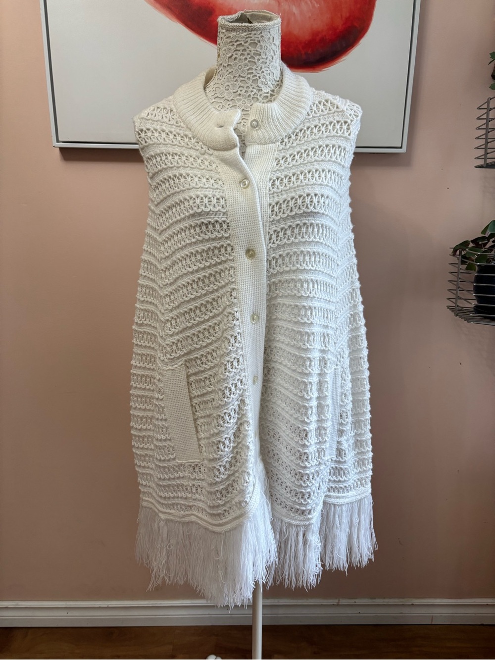 Vintage White Crochet Fringe Cape Coat